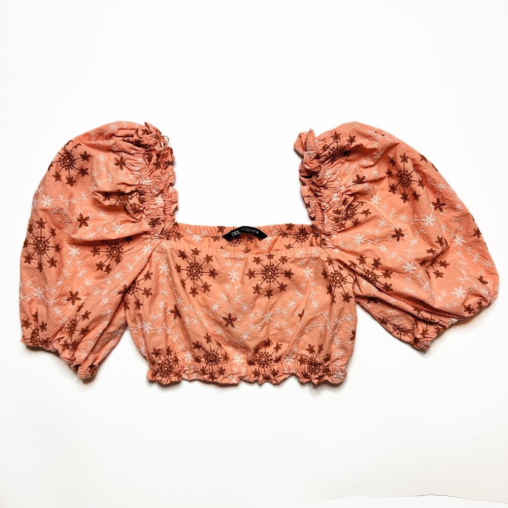 Zara Voluminous Puff Sleeve Floral Embroidered Peach Salmon Pink Crop Top Small - Picture 13 of 13